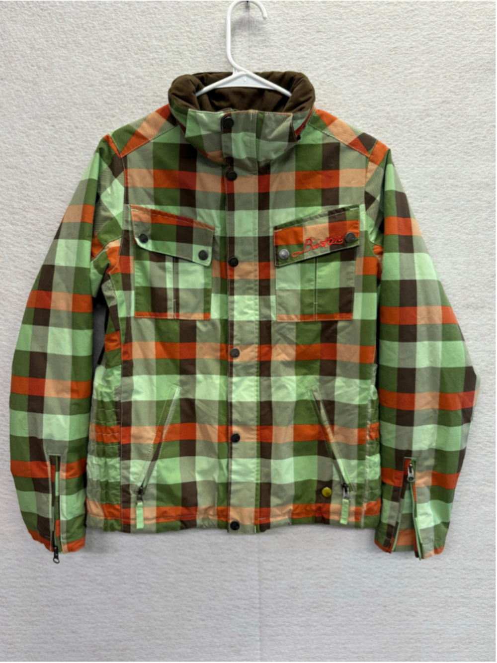 Burton Geo 3/2 Insulated Snowboard Ski Jacket Plaid Green Orange Women's S Flaw
